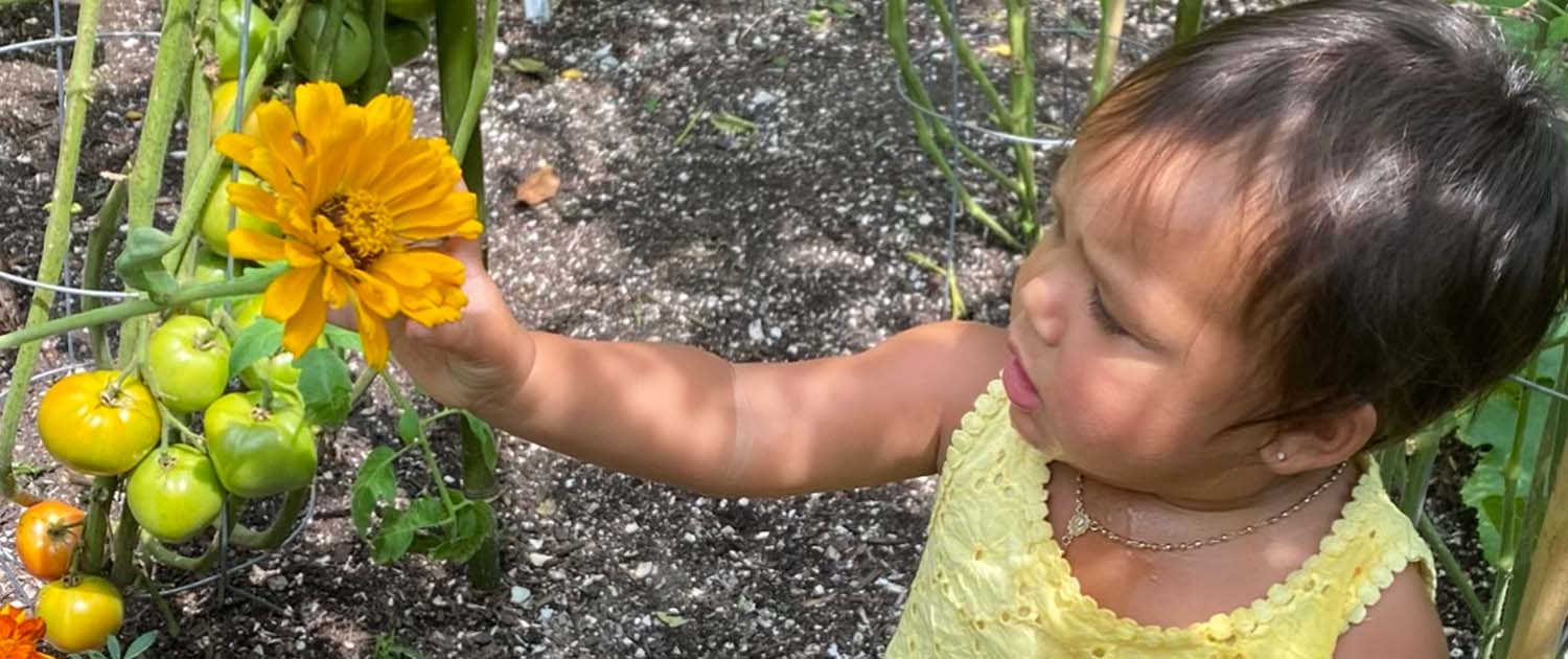 Tribal toddler exploring a garden