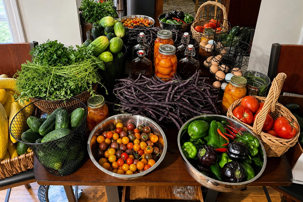 A Season's Harvest Table filled with a colorful harvest of tomatoes, peppers, cucumbers, purple beans, herbs, eggs, and jars of home-canned produce.