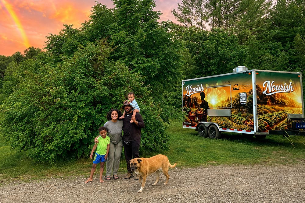 The Nourish Mobile Food Hub Family and dog standing beside the Nourish mobile food hub trailer under a sunset sky with a rainbow over the trees.